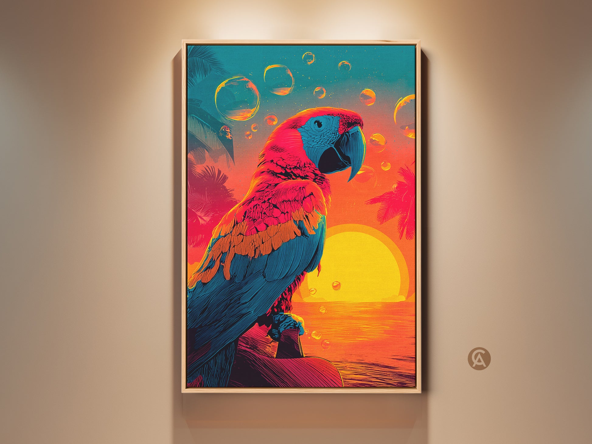 A vibrant parrot artwork in a wood frame hangs on a neutral wall. The colorful sunset scene artwork features a blue and red parrot. The wall art brings a tropical touch to any room. Perfect framed art for bird lovers.