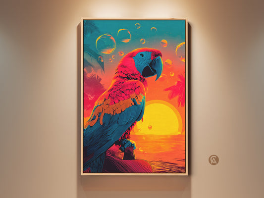 A vibrant parrot artwork in a wood frame hangs on a neutral wall. The colorful sunset scene artwork features a blue and red parrot. The wall art brings a tropical touch to any room. Perfect framed art for bird lovers.