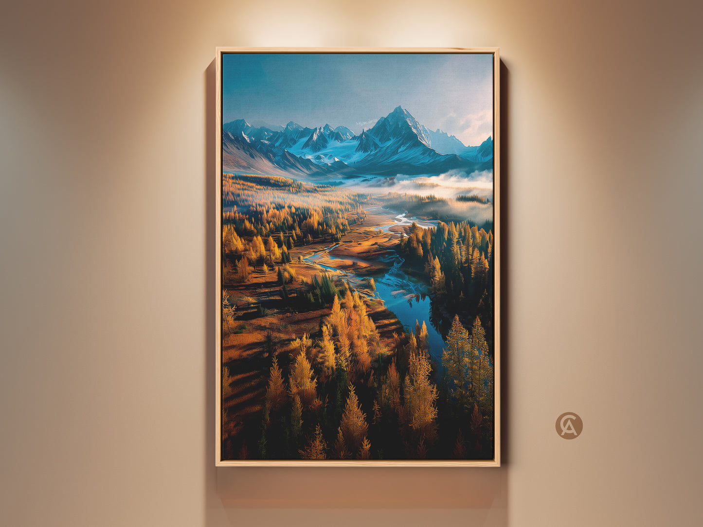 Framed mountain landscape art print. The artwork features golden trees and a winding river. Distant snow-capped peaks add depth. This framed art piece enhances any room decor. A great choice for nature lovers wanting to buy wall art.
