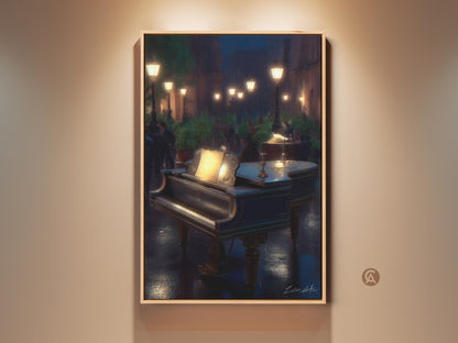 Experience the allure of music and art with this Grand Piano Canvas Print. It features a rainy cityscape scene. The deep blues and warm yellows create a romantic atmosphere perfect for music lovers.