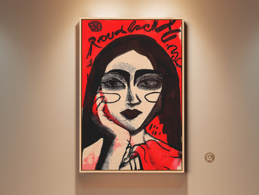 Modern portrait painting on display. The artwork features a woman with striking features in red and black ink. This contemporary piece adds a bold statement to any room. Perfect for art collectors. Gallery art for the modern home.