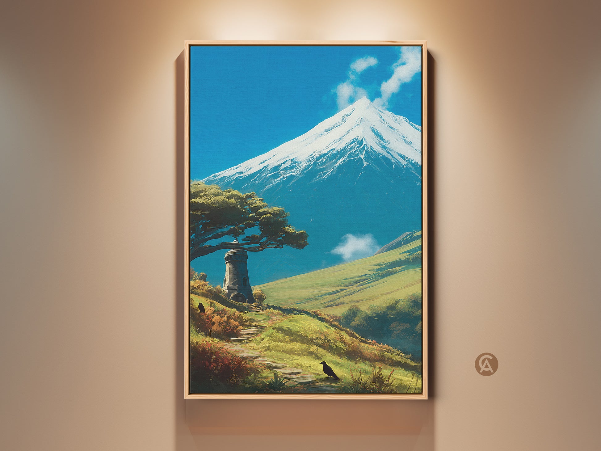 Framed blue sky mountain lighthouse art print. A scenic nature landscape canvas displayed as travel home decor. Contemporary wall art features a mountain view and coastal lighthouse. The artwork adds serene beauty to any room. Perfect for travel enthusiasts and nature lovers seeking adventure themed art.