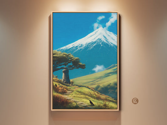 Framed blue sky mountain lighthouse art print. A scenic nature landscape canvas displayed as travel home decor. Contemporary wall art features a mountain view and coastal lighthouse. The artwork adds serene beauty to any room. Perfect for travel enthusiasts and nature lovers seeking adventure themed art.