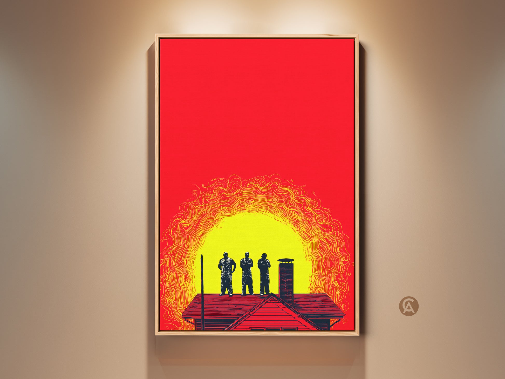 Crimson yellow abstract art print featuring men figures on a roof. This bold graphic artwork adds a contemporary touch to any office or home. It is a unique wall hanging that captures a rooftop scene. This modern art is a perfect birthday gift for a friend.