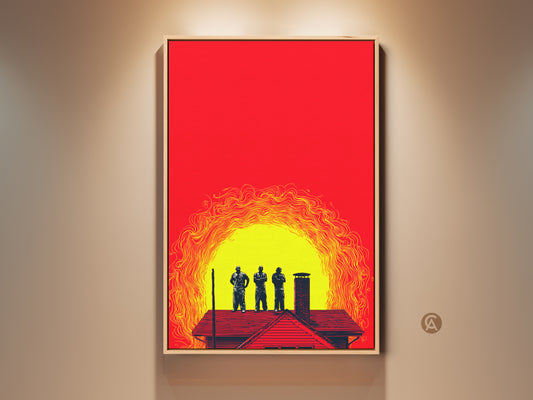Crimson yellow abstract art print featuring men figures on a roof. This bold graphic artwork adds a contemporary touch to any office or home. It is a unique wall hanging that captures a rooftop scene. This modern art is a perfect birthday gift for a friend.