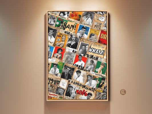 Vibrant retro collage art print featuring vintage movie stars. Comic style elements create an eclectic pop culture wall decor. This red blue and yellow art is perfect for adding a nostalgic touch. Ideal eclectic home decor for a den or entertainment room wall hanging.