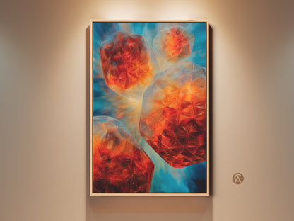 Teal blue and orange abstract geometric canvas print. This contemporary crystal shapes artwork adds modern flair. Perfect office decor or housewarming gift.  See its vibrant colors and intricate 3D shapes. A unique art lover present great for modern decor. Bring sophisticated color and form to any setting.