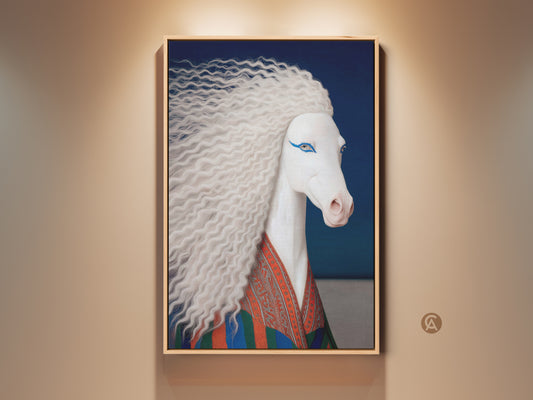 Framed surreal white horse art print displayed in a gallery setting. This eclectic fantasy unicorn wall art features blue and orange accents. The horse is adorned in a patterned robe. A perfect horse lover gift for unique home decor.