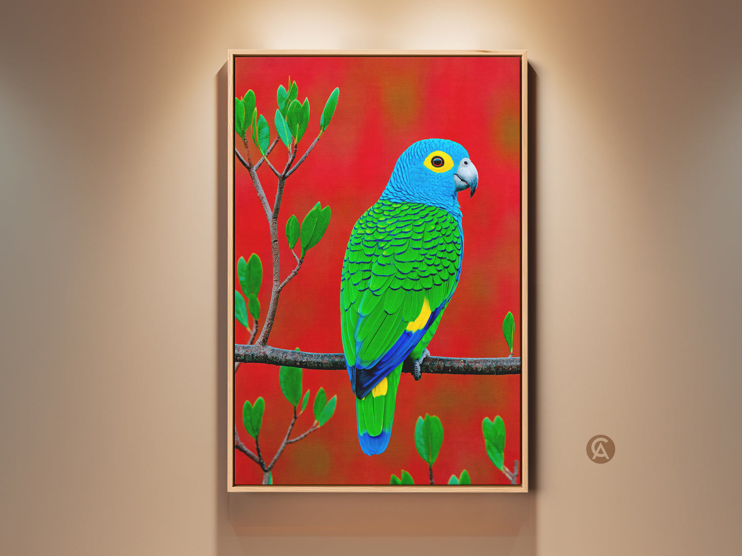 Elevate your decor with this Blue Green Parrot Wall Art. The canvas print features a realistic tropical bird against a red abstract background. This exotic animal artwork is perfect for bird lovers adding eclectic charm to any space.