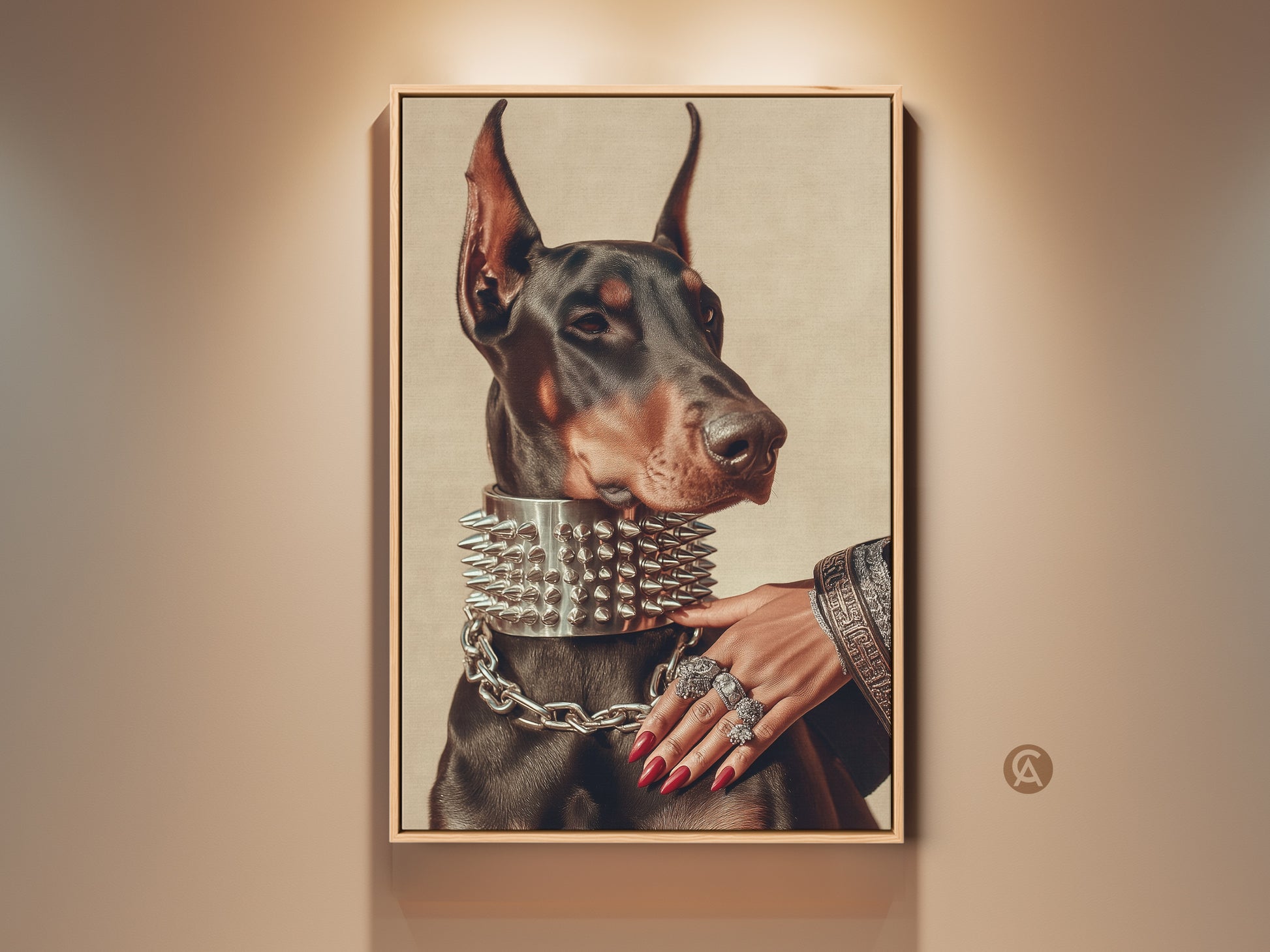 Elevate your decor with this gothic Doberman portrait canvas. The artwork features a Doberman with a spiked collar and chain. A hand with rings adds elegance. This black tan brown dog art is an eclectic home accent. A perfect gift for dog lovers or a unique birthday present.