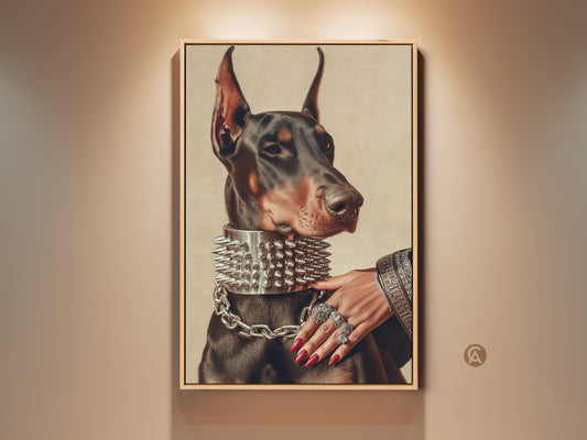 Elevate your decor with this gothic Doberman portrait canvas. The artwork features a Doberman with a spiked collar and chain. A hand with rings adds elegance. This black tan brown dog art is an eclectic home accent. A perfect gift for dog lovers or a unique birthday present.