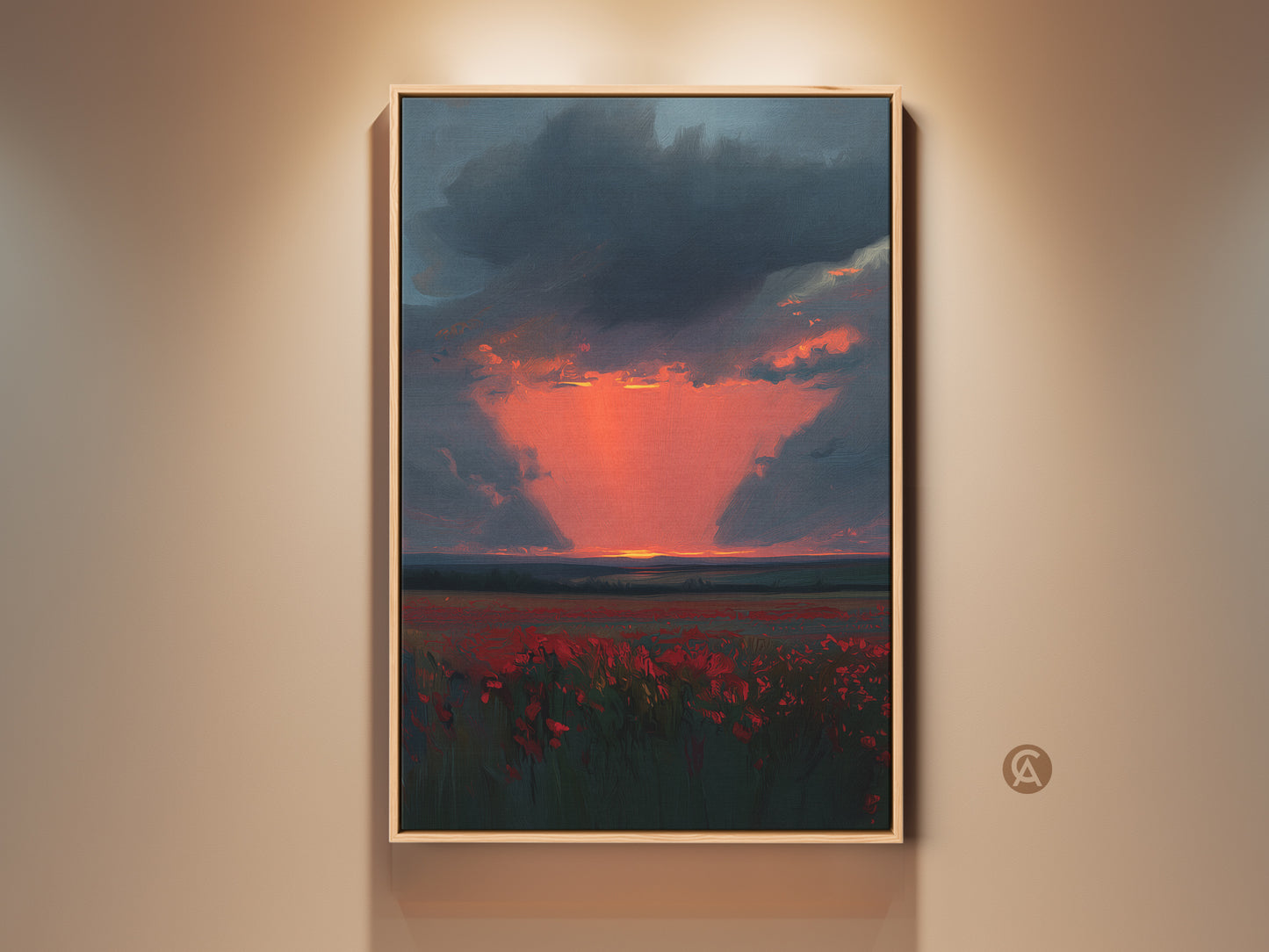 Crimson Poppy Field art at Sunset. This canvas print shows an Impressionistic landscape. Dark blue sky contrasts with vibrant red flowers. Perfect contemporary decor for nature lovers. A unique housewarming gift art.
