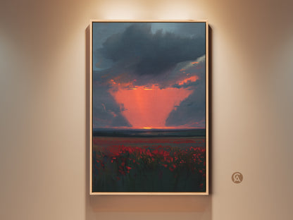 Crimson Poppy Field art at Sunset. This canvas print shows an Impressionistic landscape. Dark blue sky contrasts with vibrant red flowers. Perfect contemporary decor for nature lovers. A unique housewarming gift art.