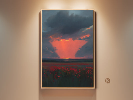 Crimson Poppy Field art at Sunset. This canvas print shows an Impressionistic landscape. Dark blue sky contrasts with vibrant red flowers. Perfect contemporary decor for nature lovers. A unique housewarming gift art.