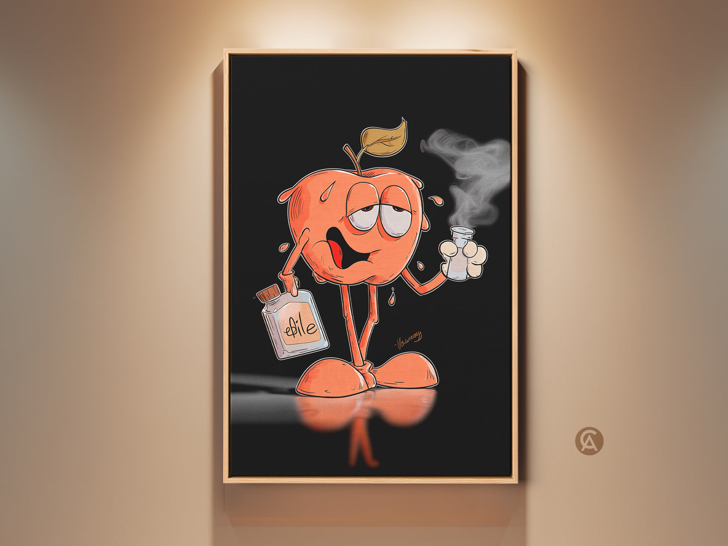 A quirky apple character enjoys a smoky beverage in this digital art piece. The apple figure is holding a bottle labeled "efile". This unique artwork adds playful charm to any space. Consider this illustration for a modern art print or canvas.