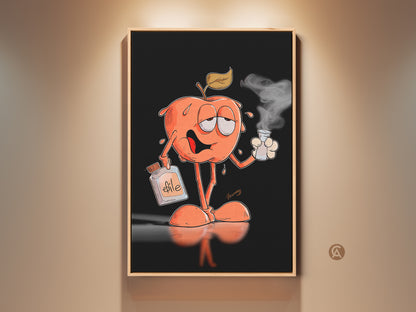 A quirky apple character enjoys a smoky beverage in this digital art piece. The apple figure is holding a bottle labeled "efile". This unique artwork adds playful charm to any space. Consider this illustration for a modern art print or canvas.