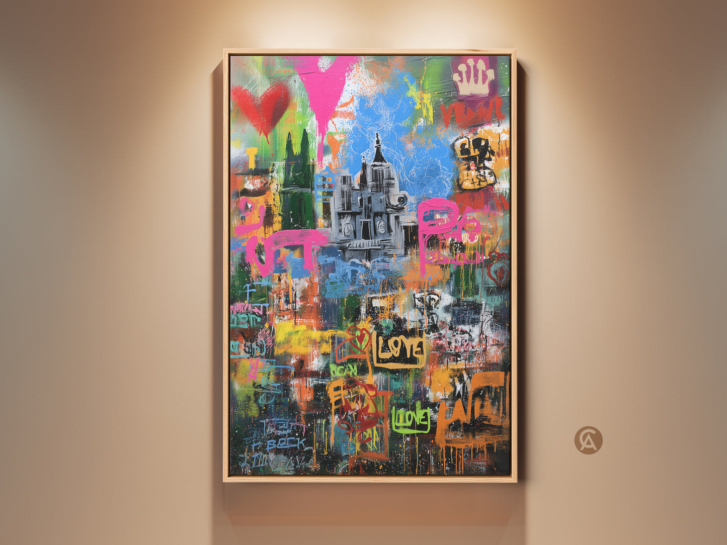 Eclectic graffiti cityscape canvas art in a modern frame. This urban street art print features abstract pink yellow blue art. It's perfect wall decor for a living room or office. A colorful city skyline canvas adds a vibrant touch to any space.