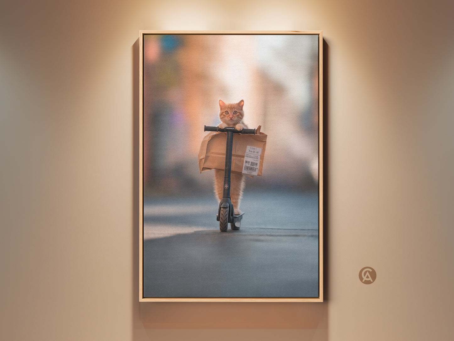 A framed artwork on a beige wall. It features a cute ginger cat riding a scooter. The cat is carrying a delivery bag. It is a humorous and heartwarming piece of art.