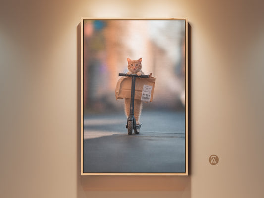 A framed artwork on a beige wall. It features a cute ginger cat riding a scooter. The cat is carrying a delivery bag. It is a humorous and heartwarming piece of art.