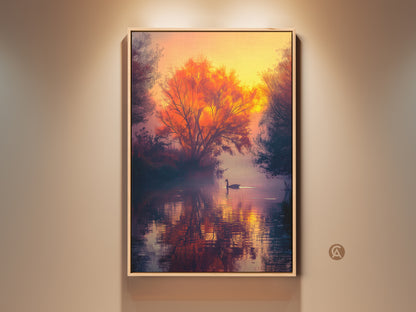 Framed sunset landscape art. A lone swan glides across a misty lake at sunset. The orange tree on the bank is reflected in the water. A tranquil scene for your home. Shop framed art prints today.