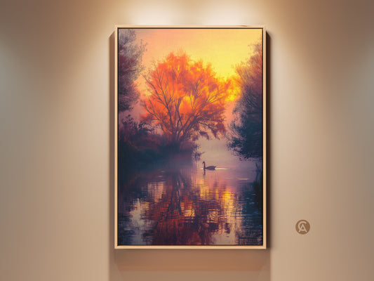 Framed sunset landscape art. A lone swan glides across a misty lake at sunset. The orange tree on the bank is reflected in the water. A tranquil scene for your home. Shop framed art prints today.