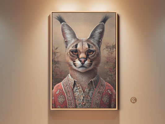 Elevate your space with this Caracal art print. It features a vintage-style cat wearing glasses.  The ornate animal wall decor is perfect for a home office. It is a unique gift for him. This artwork is red brown and beige.