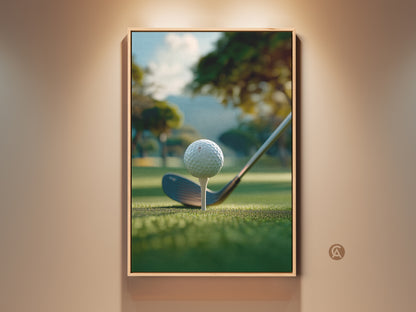 A framed golf art print hangs on a beige wall. The artwork shows a golf ball on a tee ready to be hit. The background is a green golf course with trees and a hill. This framed golf art print is perfect for your home or office.