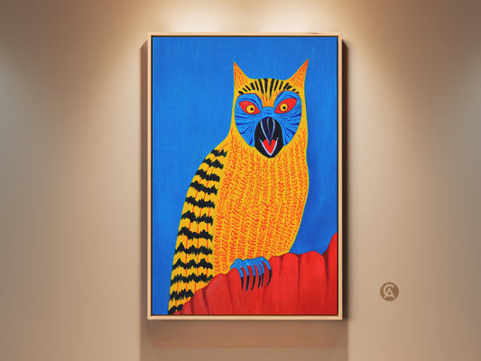 Folk Art Owl Canvas Print on display. Abstract tribal bird wall art adds an eclectic touch. The blue yellow red artwork is a unique gift for owl lovers. A colorful animal print enhances bedroom decor.