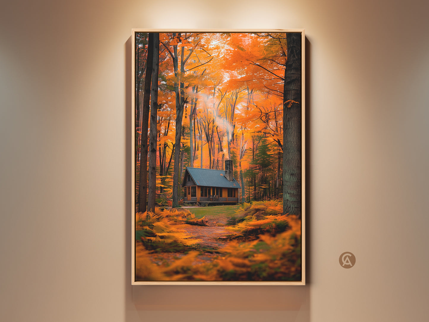 Experience the serene beauty of autumn. A cozy cabin nestled in a vibrant forest captures the essence of fall foliage. The artwork showcases nature's warm colors perfect for home decor. This framed art print brings a touch of rustic charm to any space.