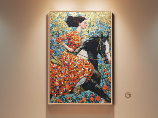 View a stunning mosaic art print. The artwork features a woman riding a horse. A rich palette of red gold and teal colors creates an eclectic aesthetic. Perfect wall art for equestrian themed spaces. This canvas art adds color and narrative to any room. A striking piece for horse lovers and unique home decor.