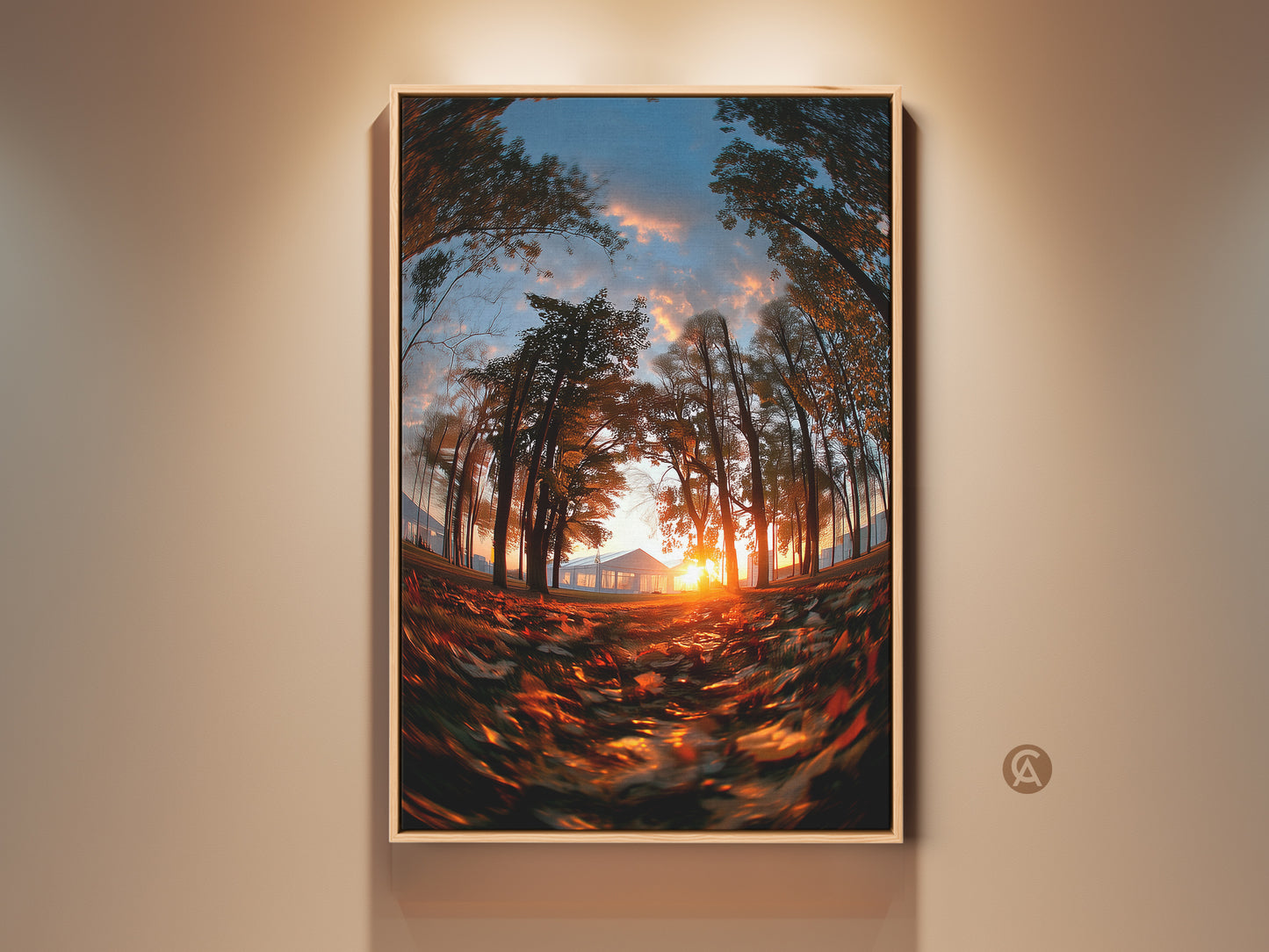 Eye-level fisheye view of a sunset through trees original artwork. The sun shines brightly behind a distant house. Fallen leaves cover the ground. This nature art captures a peaceful moment in a unique style. It is framed and ready to hang.