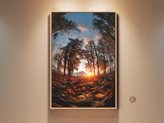 Eye-level fisheye view of a sunset through trees original artwork. The sun shines brightly behind a distant house. Fallen leaves cover the ground. This nature art captures a peaceful moment in a unique style. It is framed and ready to hang.
