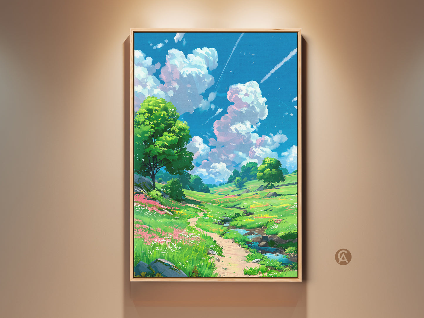Framed landscape art print. A serene path winds through a vibrant green meadow. Lush trees and colorful wildflowers line the way. Fluffy clouds drift across a bright blue sky. This captivating art adds tranquility to any space.