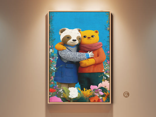 Charming panda and bear artwork embracing amidst vibrant flowers. This cute animal art print brings a heartwarming touch to any room. Perfect friendship decor for bedroom or a thoughtful best friend gift. The whimsical animal couple canvas adds joy to eclectic home decor. A sweet cartoon ideal as nursery or kids' room wall hanging.