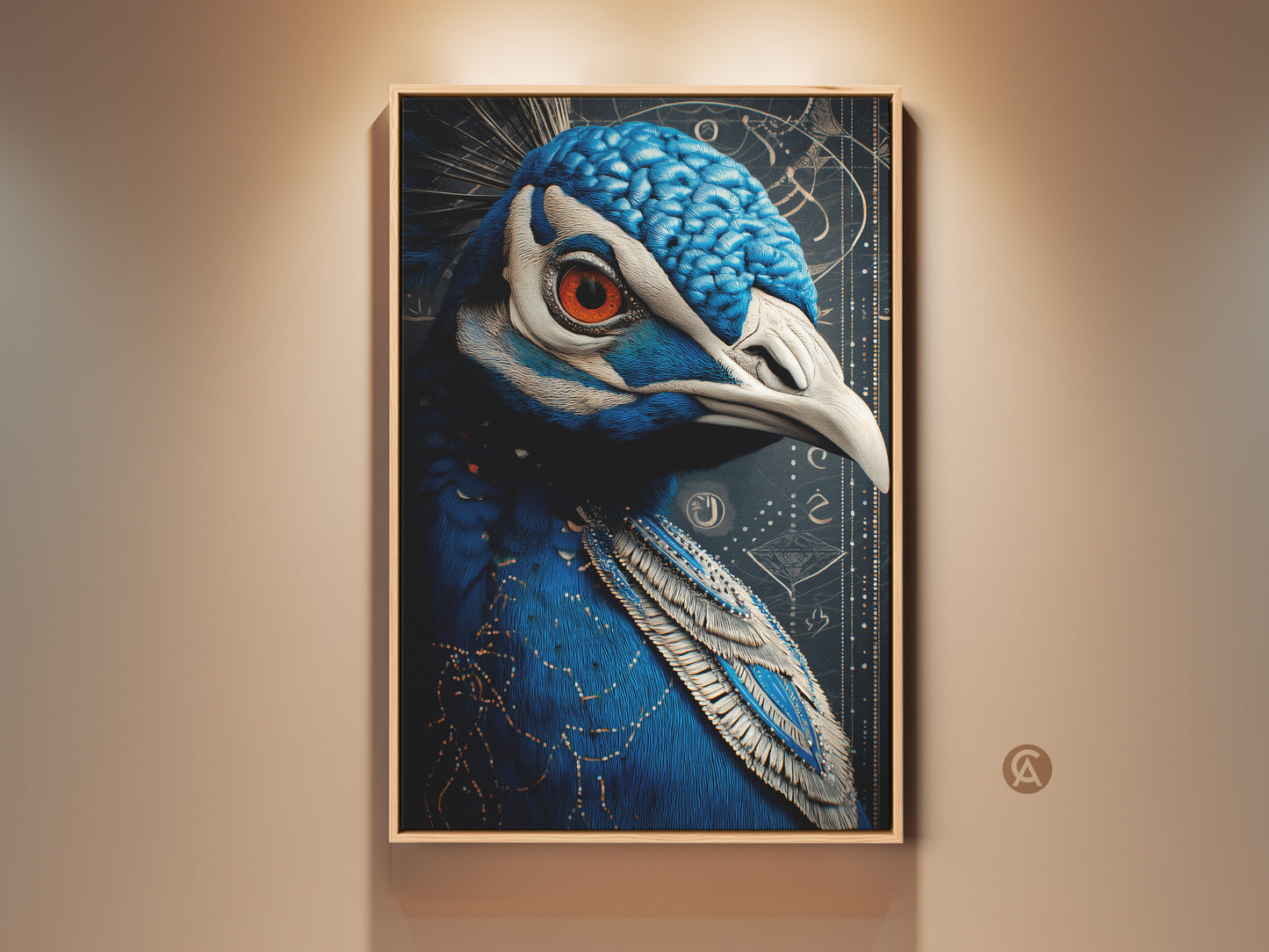Framed Art Nouveau peacock artwork. This avian wall decor print features deep blue and orange feather details. A unique bird lover gift for eclectic home decor.  Bring color to your residential space or office with this unique peacock canvas print.