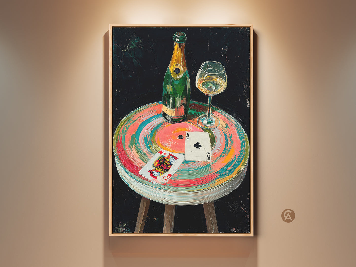 Eclectic Still Life Canvas Print displayed in a warm setting. It features a champagne bottle playing cards and glass. This Impressionistic bar wall artwork adds pink green and teal home decor.