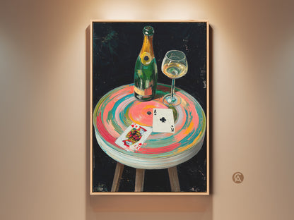 Eclectic Still Life Canvas Print displayed in a warm setting. It features a champagne bottle playing cards and glass. This Impressionistic bar wall artwork adds pink green and teal home decor.