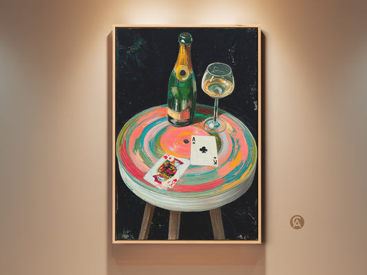 Eclectic Still Life Canvas Print displayed in a warm setting. It features a champagne bottle playing cards and glass. This Impressionistic bar wall artwork adds pink green and teal home decor.