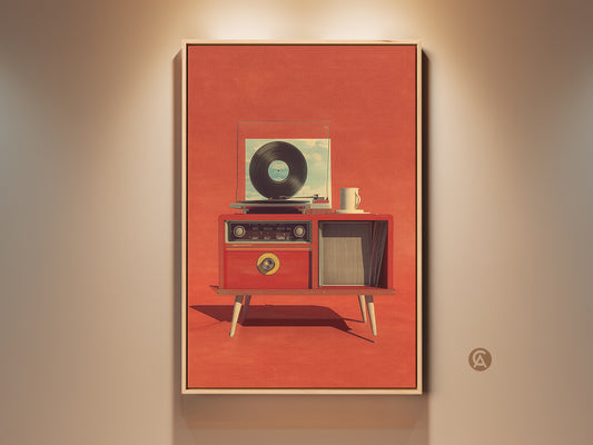 Retro record player and radio art print in terracotta. The mid-century modern artwork features a vintage aesthetic. Perfect wall decor for music lovers. Orange-red tones add warmth. Ideal for a study room or home office. A nostalgic gift for vinyl collectors. Unique wall art complements retro music room decor.