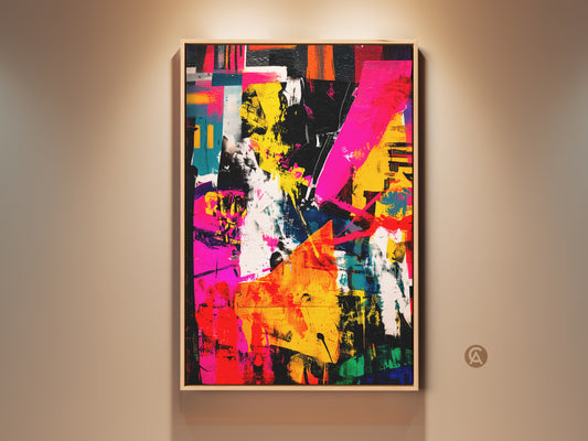 Modern abstract art print in a floating frame. This colorful painting features bold brushstrokes. The artwork has a dynamic composition. This piece adds a contemporary touch to any room.