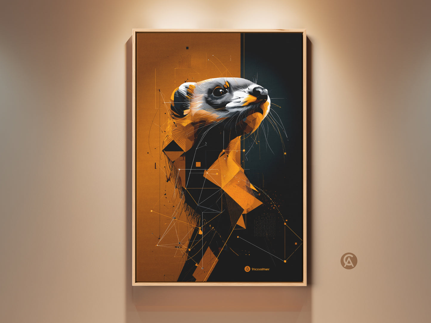 Framed geometric ferret wall art in gold orange and black tones. Abstract digital art canvas for modern home office decor. Perfect animal lover gift art that adds sophistication.