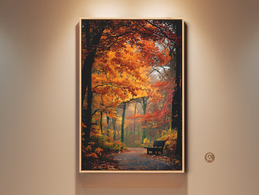 Framed autumn forest art in a room setting. The wall art captures a forest path in fall colors. It is framed and ready to hang. This artwork brings nature indoors.