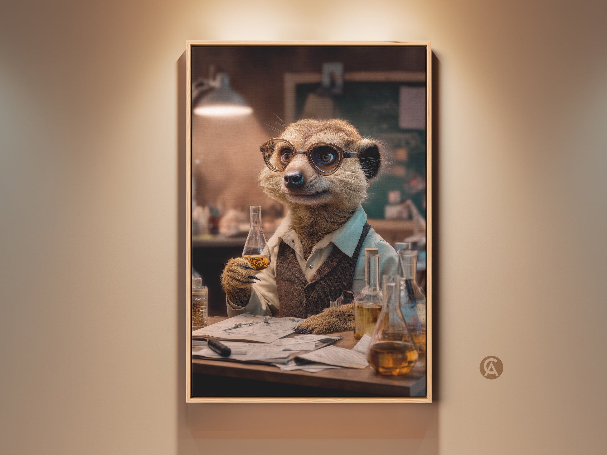 Lab meerkat artwork is on display. This is scientist animal canvas decor. Amber brown and beige tones create a unique piece. A quirky gift idea for an office or study. Perfect for eclectic home decoration or as a graduation gift.