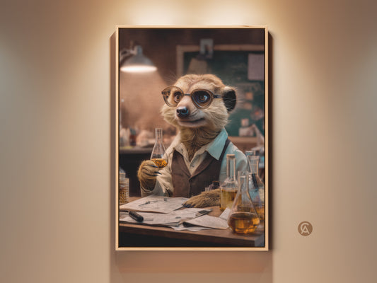Lab meerkat artwork is on display. This is scientist animal canvas decor. Amber brown and beige tones create a unique piece. A quirky gift idea for an office or study. Perfect for eclectic home decoration or as a graduation gift.