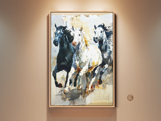 Experience the power of wildlife art with this impressionistic canvas print. It features three galloping horses in black white and gray tones. A sophisticated and eclectic touch to your entry hall wall decor. Perfect gift for horse lovers seeking equestrian home decor.
