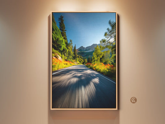 Framed mountain road art. A picturesque road stretches toward snow-capped mountains. Lush green trees and vibrant orange flowers line the roadside. This artwork captures nature's beauty in a framed piece ready to hang.