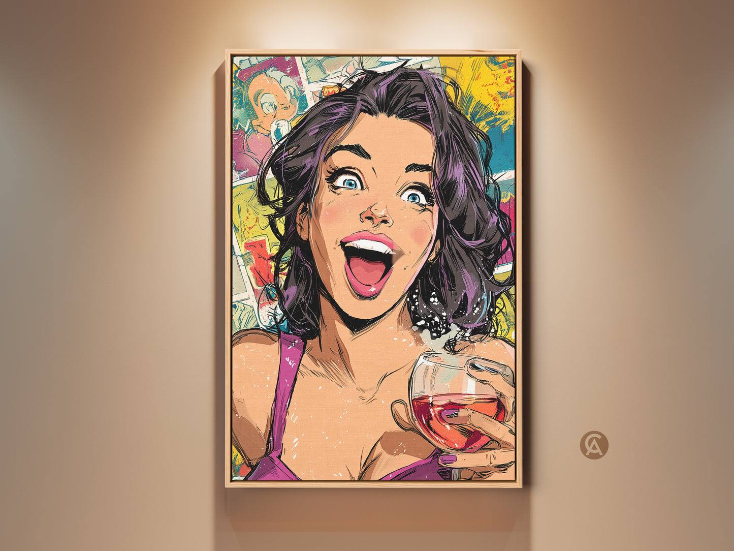 Framed pop art canvas print featuring a woman holding a wine glass. This comic book style wall art adds a touch of fun to any space. The artwork has vibrant colors of yellow pink and teal. A great eclectic decor gift for wine lovers.