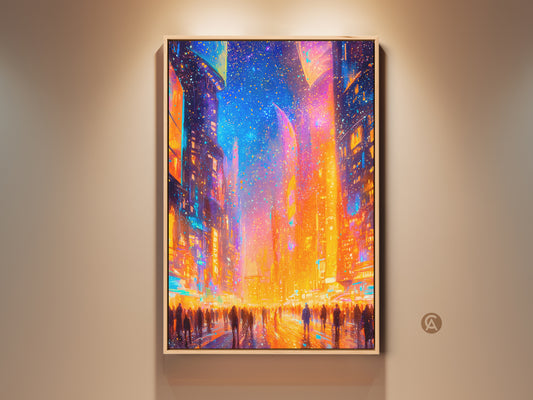Framed artwork of a vibrant cityscape with colorful lights and a crowd of people. This art print is displayed in a floating frame. The artwork adds a touch of modern elegance to any room. It is ready to hang and enjoy.