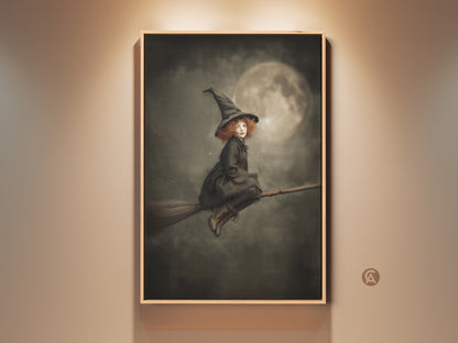 A little witch soars on her broomstick. This gothic fantasy wall art is perfect for a kids room or Halloween decor. The dark academia aesthetic adds magic to any space. A luminous moon lights her way. This art print is ready to be framed.