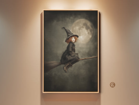A little witch soars on her broomstick. This gothic fantasy wall art is perfect for a kids room or Halloween decor. The dark academia aesthetic adds magic to any space. A luminous moon lights her way. This art print is ready to be framed.